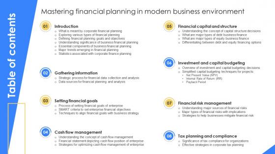 Table Of Contents For Mastering Financial Planning In Modern Business Environment Fin SS