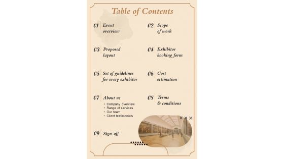 Table Of Contents For Museum Exhibit Proposal One Pager Sample Example Document