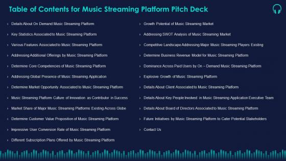 Table of contents for music streaming platform pitch deck ppt file gallery