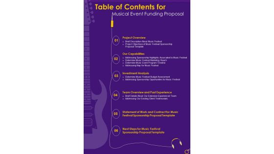 Table Of Contents For Musical Event Funding Proposal One Pager Sample Example Document