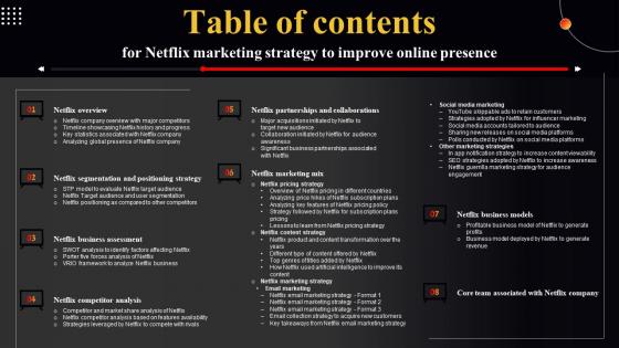 Table Of Contents For Netflix Marketing Strategy To Improve Online Presence Strategy SS V