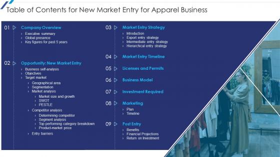 Table Of Contents For New Market Entry For Apparel Business