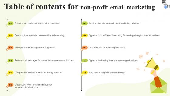 Table Of Contents For Non Profit Email Marketing MKT SS