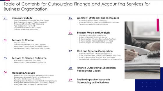 Table of contents for outsourcing finance and accounting services for business organization