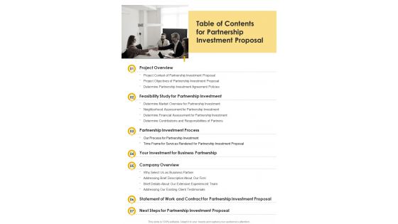 Table Of Contents For Partnership Investment Proposal One Pager Sample Example Document