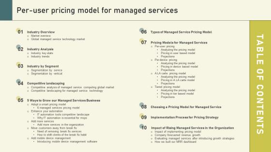 Table Of Contents For Per User Pricing Model For Managed Services Ppt Gallery Example File