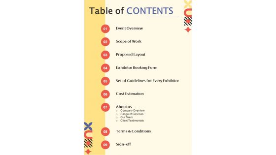 Table Of Contents For Photography Exhibition Proposal One Pager Sample Example Document