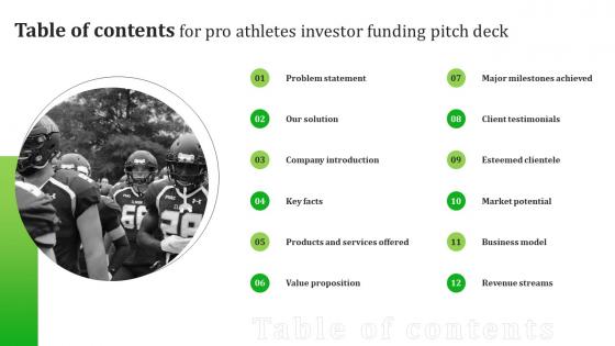 Table Of Contents For Pro Athletes Investor Funding Pitch Deck