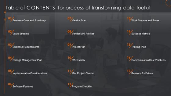 Table Of Contents For Process Of Transforming Data Toolkit