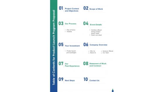 Table Of Contents For Product Launch Program Proposal One Pager Sample Example Document