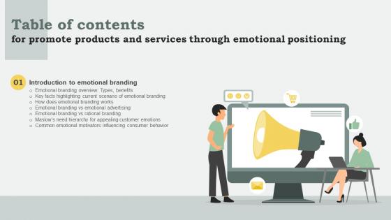 Table Of Contents For Promote Products And Services Through Emotional Positioning