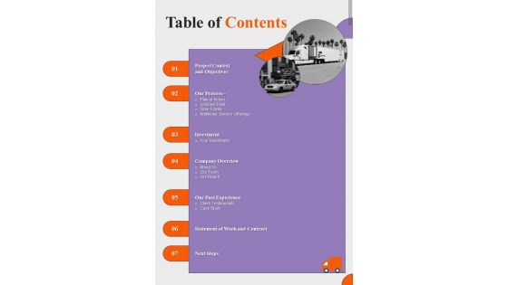 Table Of Contents For Proposal For Employee Shuttle One Pager Sample Example Document