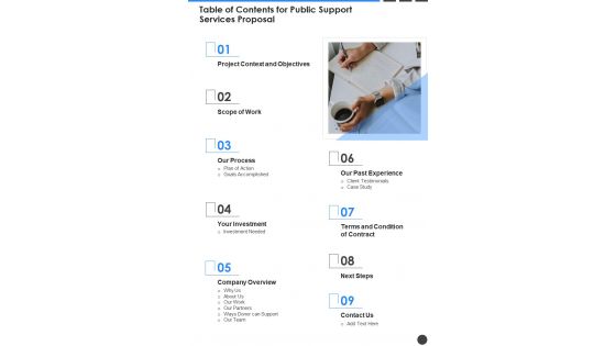 Table Of Contents For Public Support Services Proposal One Pager Sample Example Document
