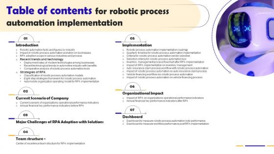 Table Of Contents For Robotic Process Automation Implementation
