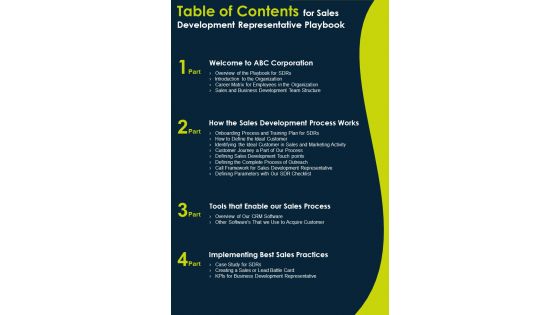Table Of Contents For Sales Development Representative Playbook One Pager Sample Example Document