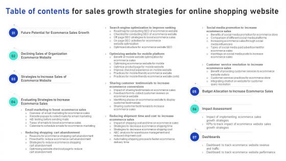 Table Of Contents For Sales Growth Strategies For Online Shopping Website