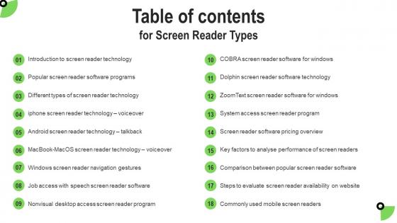 Table Of Contents For Screen Reader Types