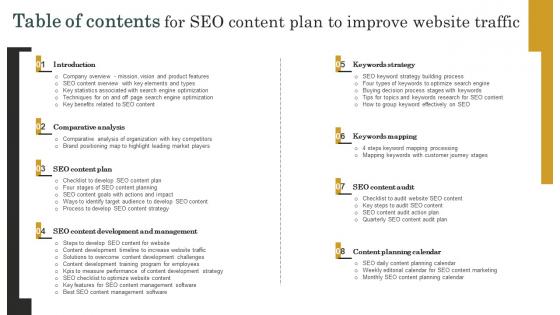 Table Of Contents For Seo Content Plan To Improve Website Traffic Strategy SS V