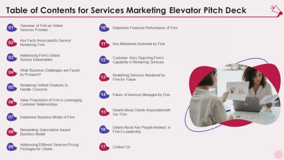 Table of contents for services marketing elevator pitch deck