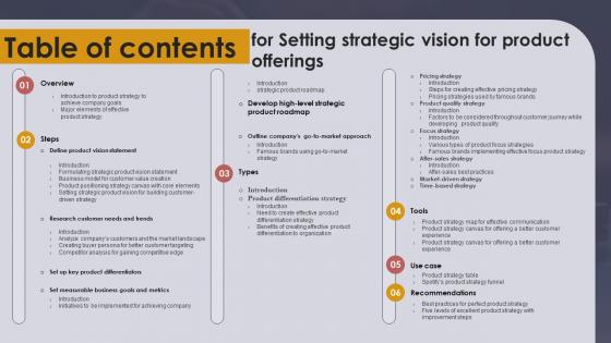 Table Of Contents For Setting Strategic Vision For Product Offerings Strategy SS V