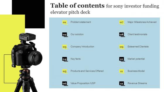 Table Of Contents For Sony Investor Funding Elevator Pitch Deck