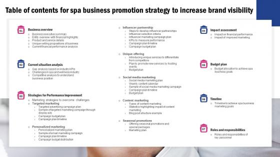 Table Of Contents For Spa Business Promotion Strategy To Increase Brand Visibility Strategy SS V