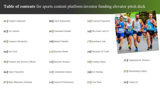 Table Of Contents For Sports Content Platform Investor Funding Elevator Pitch Deck