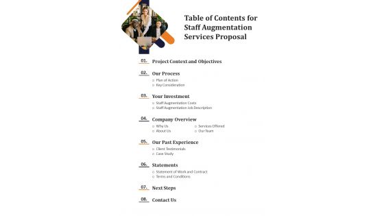 Table Of Contents For Staff Augmentation Servicess Proposal One Pager Sample Example Document