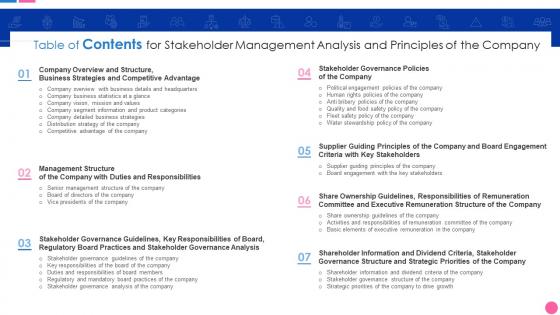 Table Of Contents For Stakeholder Management Analysis And Principles Of The Company
