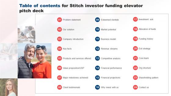 Table Of Contents For Stitch Investor Funding Elevator Pitch Deck