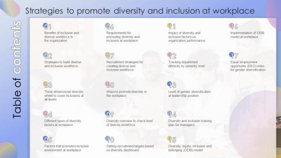 Table Of Contents For Strategies To Promote Diversity And Inclusion At Workplace