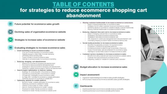 Table Of Contents For Strategies To Reduce Ecommerce Shopping Cart Abandonment
