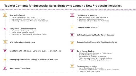 Table Of Contents For Successful Sales Strategy To Launch A New Product In The Market
