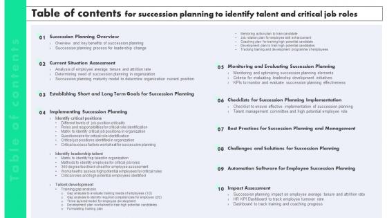 Table Of Contents For Succession Planning To Identify Talent And Critical Job Roles