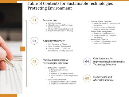Table of contents for sustainable technologies protecting environment ppt smartart