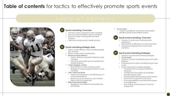 Table Of Contents For Tactics To Effectively Promote Sports Events Strategy SS V