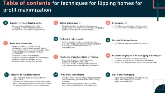 Table Of Contents For Techniques For Flipping Homes For Profit Maximization