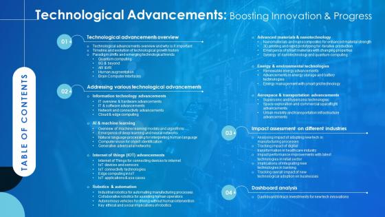 Table Of Contents For Technological Advancements Boosting Innovation And Progress TC SS