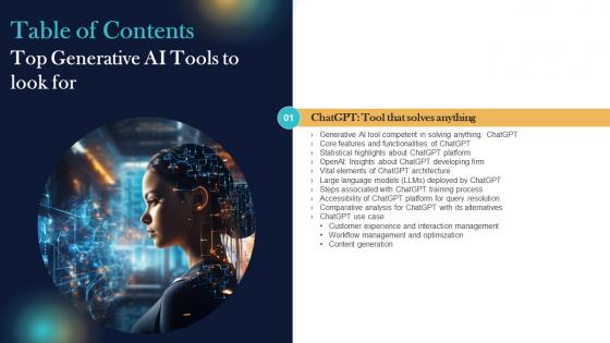 Table Of Contents For Top Generative AI Tools To Look For Ppt Grid AI SS V