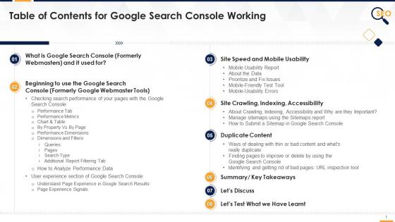 Table of contents for training module on google search console working edu ppt