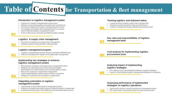 Table Of Contents For Transportation And Fleet Management