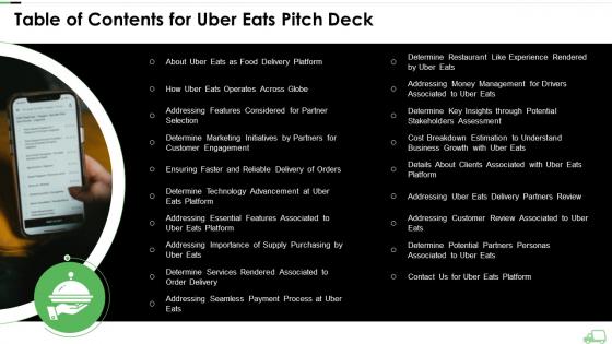 Table of contents for uber eats pitch deck ppt powerpoint presentation file outline