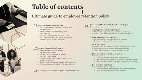 Table Of Contents For Ultimate Guide To Employee Retention Policy Ppt Slides Example File