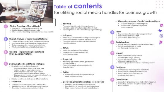 Table Of Contents For Utilizing Social Media Handles For Business Growth