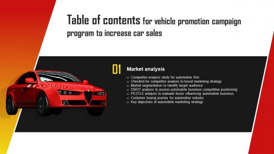 Table Of Contents For Vehicle Promotion Campaign Program To Increase Car Sales Strategy SS V