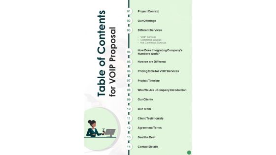 Table Of Contents For Voip Proposal One Pager Sample Example Document