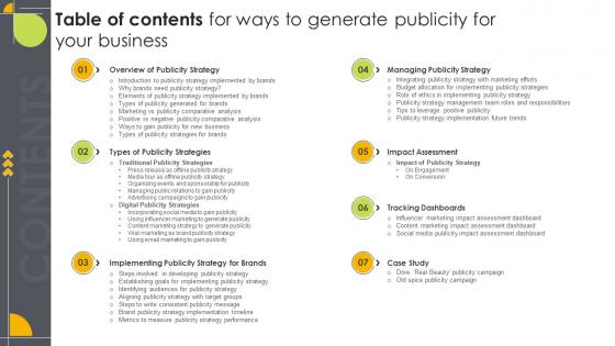Table Of Contents For Ways To Generate Publicity For Your Business Strategy SS