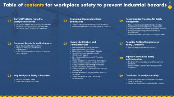 Table Of Contents For Workplace Safety To Prevent Industrial Hazards