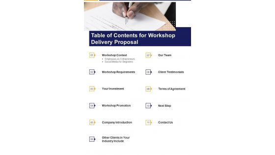 Table Of Contents For Workshop Delivery Proposal One Pager Sample Example Document