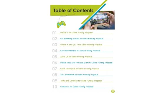 Table Of Contents Game Funding Proposal One Pager Sample Example Document